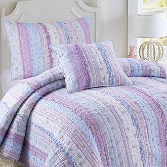 Shabby Chic Romantic Lace Purple Blue Floral Cotton Bedding Quilt Set, Reversible Coverlet, Bedspread (Lavender, Queen-4 Piece: 1 Quilt+2 Shams+1 Decor Pillow)