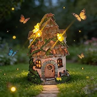 COWOS Solar Powered Wooden Roof Tree House Sculpture - Flower & Branch Surrounded Top, Doors & Windows - Outdoor Garden Decor