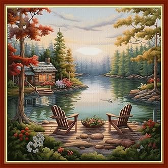Findvoor Stamped Cross Stitch Kits for Beginners Full Range of Cross Stitching Embroidery Pattern for Adults, 11CT DIY Needlepoint Embroidery Starter Kits-Rest Lake 17.7x17.7 inch