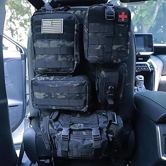 Universal Tactical Car Seat Back Organizer Bag Tactical Molle Vehicle Organizers Panel Vehicle Protector Organizers with 5 Detachable Pouches for Car Truck Ford Jeep (Black camo)