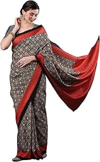 Women's Ajrak Block Print Dola Silk Saree With Unstitched Blouse Piece