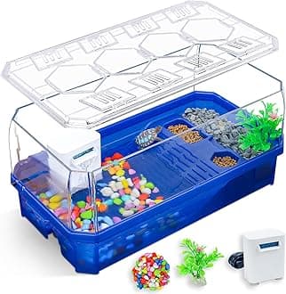 Aquatic Turtle Tank Habitat Kit Stone+Filter+Heat Lamp Enhancing Interaction with 360° Viewing, Standalone Filtration, DIY Creative Zone, Enriched Living (Blue, M[Without Light])