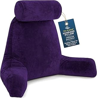 Husband Pillow XXL The Original for Adults - 30" Tall Backrest for Sitting Up in Bed - Firm Support Reading & Bed Rest Pillows for Adults, Neck Roll, Removable Cover - TV - Purple