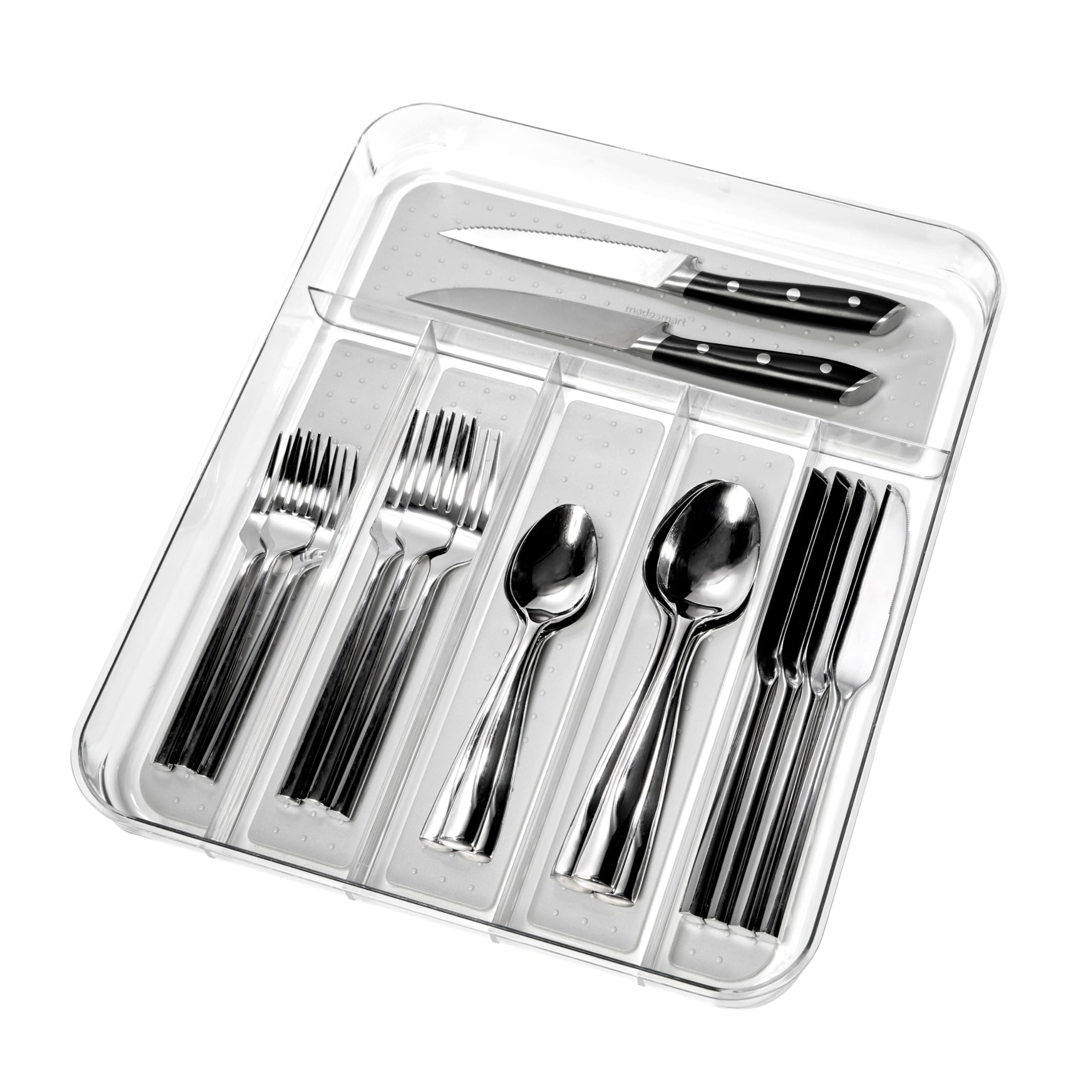 madesmart Premium Clear Silverware Tray, 6 Compartment Flatware Organizer for Forks, Knives & Spoons, Soft Grip Lining & Non Slip Base, Grey
