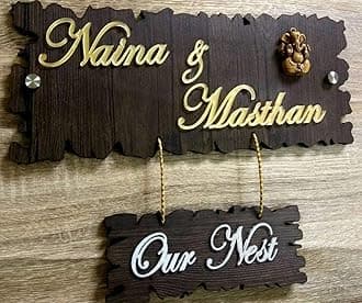 Aarushi Creations Personalised Home Door Name Plate Wooden with Golden Acrylic Embossed Letters with Mirror Shine (Size 16 x 15 Inch, Color Dark Brown)