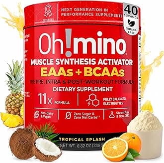 - Oh!mino Essential Amino Acids Supplement Drink Powder, Tropical Splash, Cafeeinated Powder, All 9 EAAs, BCAAs and The Perfect Amino for Workouts, Amino Energy, and to Build Muscle, and Recover Faster