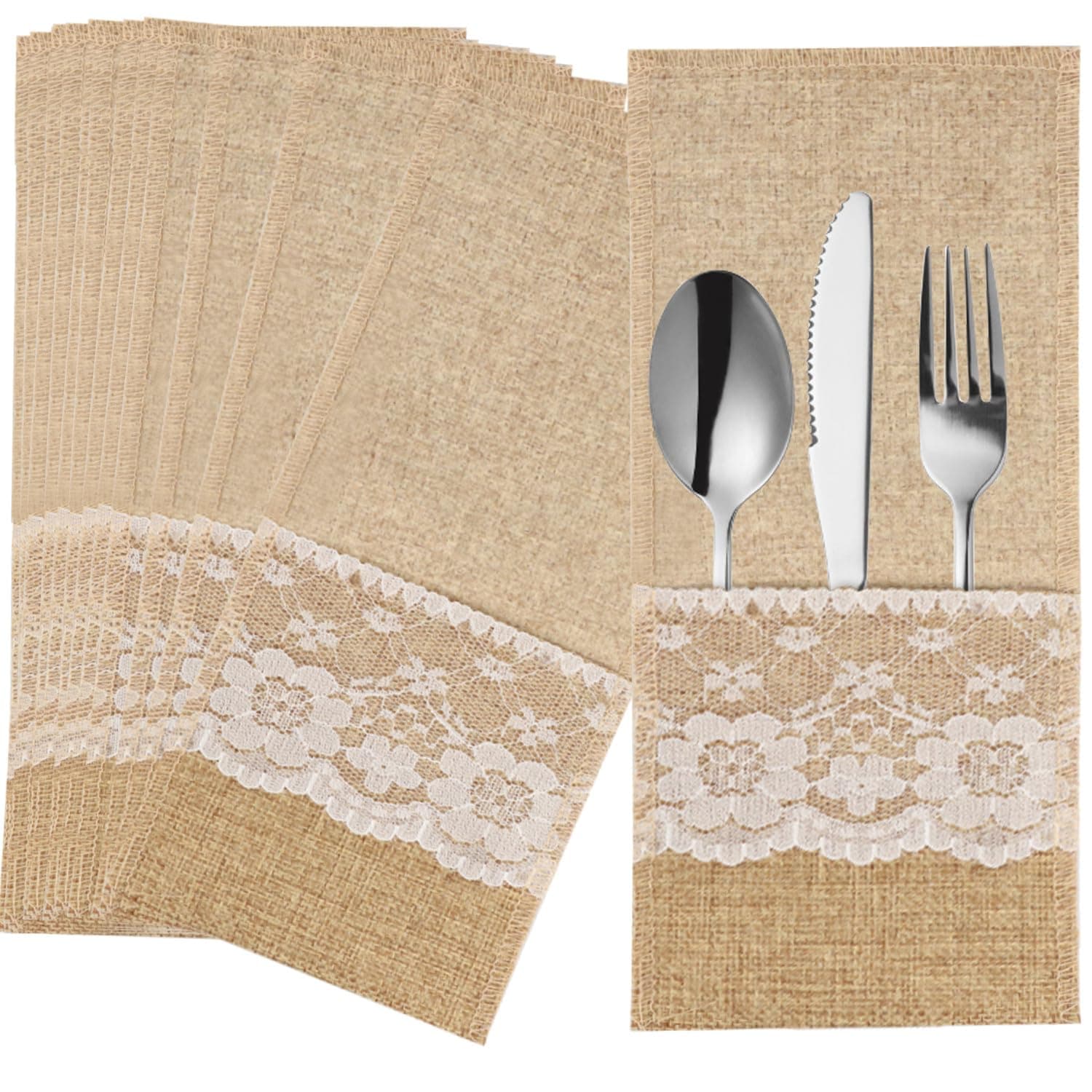30 Pack Natural Burlap Cutlery Pouch,Burlap Silverware Holders Silverware Bags, Hessian Burlap Lace Utensil Napkin Holders, Knifes Forks Bag with Cotton Inner for Vintage Wedding Christmas
