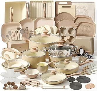 NutriChef 75-Piece Non-Stick Pots and Pans Set, Complete Ceramic Cookware Set with Bakeware, Utensils, Knife Set, & Accessories, Stain-Resistant, Food-Grade Safe, Cream/Brown