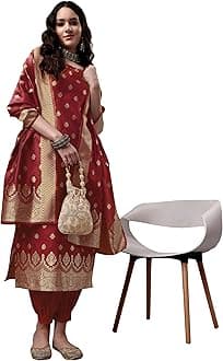 EthnicJunction Women's Embellished Woven Banarasi Silk Straight Sleeveless Kurta Pant with Dupatta Set | Karva Chauth Special Kurta Set | Ethnic Kurta Set