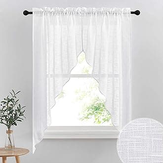 RYB HOME Semi Sheer Curtain Valance Window Topper, Textured Linen Sheer Kitchen Curtain Tier Swag Set, Privacy Half Window Valance for Bedroom Living Room Bathroom, W 36 x L 63, 2 Panels, White