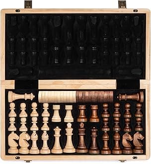 A&A 15 inch Wooden Folding Chess & Checkers Set w/ 3 Inch King Height Staunton Chess Pieces / 2 Extra Queens…