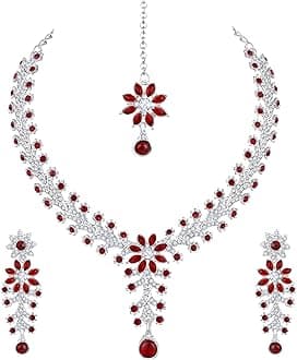 Diamond Necklace Jewellery Set for Women with Earrings and Maang Tikka for Wedding, Party, Engagements & Festivals