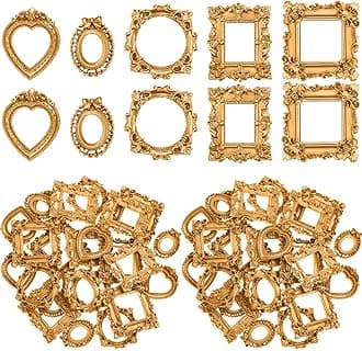 Vicenpal 80 Pcs Vintage Mini Picture Frames Baroque Antique Small Resin Jewelry Display Table Frame for Christmas DIY Photo Holiday Party Decoration (Gold)