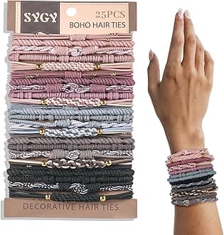 25 PCS Boho Hair Ties, Bracelets Hair Ties for Thick or Thin Hair, 5 Styles Boho Ties for Ponytail Holders, 2.36’’ Hair Ties No-Damage, Multicolor