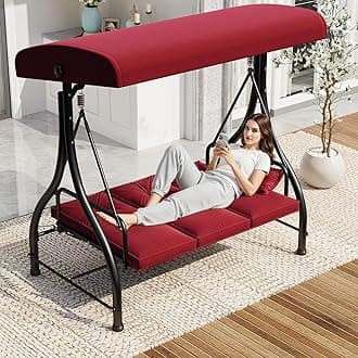 U-MAX Porch Swing Chair with Adjustable Backrest&Canopy, 3 Seat Patio Swing with Canopy 2-in-1 Convertible Outdoor Swing with Canopy Patio Daybed with Removable Burgundy Cushions