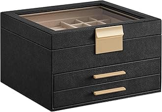 SONGMICS Jewelry Box Organizer with Glass Lid, 3-Layer Jewelry Storage, with 2 Drawers, Modern Style, 8 x 9.1 x 5.3 Inches, Graphite Black and Gold Color UJBC239B03