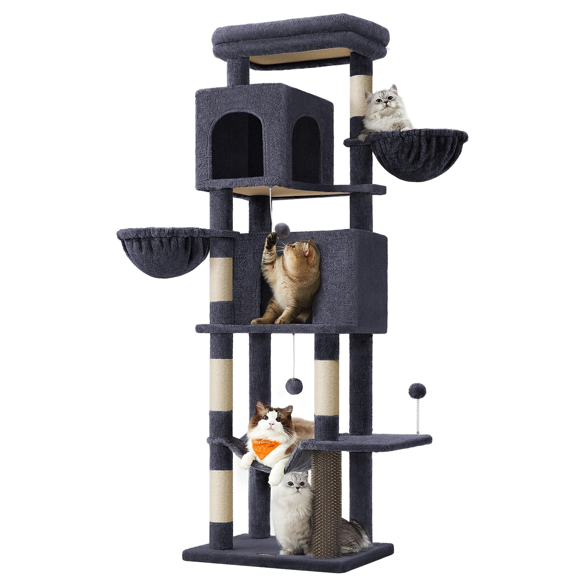 Feandrea Cat Tree, 69-Inch Tall Cat Tower, Multi-Level Plush Condo with 2 Caves, 2 Baskets, 5 Scratching Posts, Self-Groomer, Perch, Hammock, Dark Gray UPCT182G02