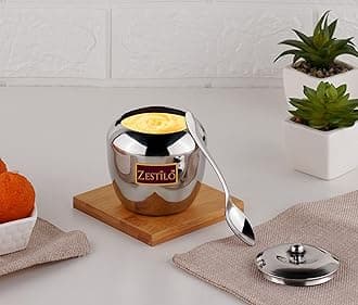 ghee pot, oil dispenser, with spoon ,storage jar , apple shape , mirror finish , 250 ml (pack of 1)