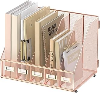 SUPEASY Desk Organizers Metal Desk Magazine File Holder with 5 Vertical Compartments Rack File Organizer for Office Desktop, Home Workspace, Rose Gold