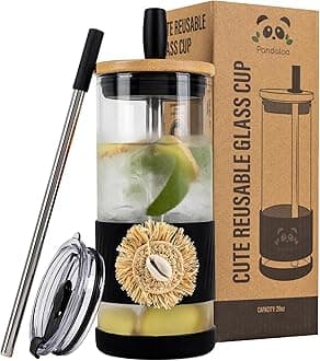 Glass Cups With Lids and Straws -20 Fl Oz- Hand Made cool shell-raffia detail- Perfect Size Iced Coffee Cup - Smoothie Cup - BPA Free- (Ethnic-Chic Natural, 1 Count (Pack of 1))Carbonfree Certified