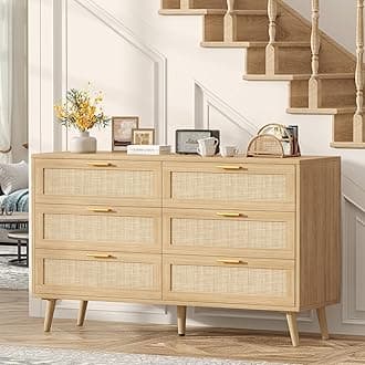 Rovaurx 6 Drawer Double Dresser for Bedroom, Rattan Chest of Dressers, Modern Wooden Dresser Chest with Golden Handles, Beside Table for Closet, Living Room and Entryway, Natural RDG001M