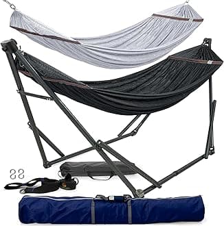 Combo x2 Hammocks with Stand for Outside & Tree Straps, Heavy Duty Hammock with Stand 600lbs for Indoor Outdoor Patio Backyard, x2 Hammocks for 2 Person (Combo - Black, Medium)