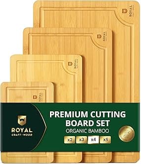 ROYAL CRAFT WOOD Wooden Cutting Boards for Kitchen Meal Prep & Serving - Bamboo Wood Serving Board Set with Deep Juice Groove Side Handles - Charcuterie & Chopping Butcher Block for Meat