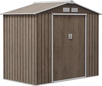 Outsunny 7 x 4ft Metal Garden Shed, Waterproof Outdoor Bike Storage Shed Galvanised with Vents, Foundation Kit, Apex Roof and Lockable Double Doors for Patio Lawn, Light Brown
