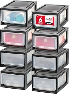IRIS USA 6 Quart Stackable Storage Drawer, Plastic Drawer Organizer with Clear Doors for Pantry, Closet, Desk, Kitchen, Under-Sink, Home and Office De-Clutter, Shoes and Crafts - Black, 8 Pack
