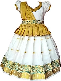 Girls Traditional Lehenga Choli with - KERALA HALP SAREE LIGHT GOLD