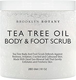 Brooklyn Botany Dead Sea Salt and Tea Tree Oil Body Scrub - Moisturizing and Exfoliating Body, Face, Hand, Foot Scrub - Fights Stretch Marks, Fine Lines, Wrinkles - Great Gifts for Women & Men - 10 oz