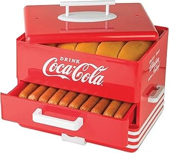 Nostalgia Extra Large Diner-Style Coca-Cola Hot Dog Steamer and Bun Warmer, 24 Hot Dog and 12 Bun Capacity, Steam Bratwursts, Sausages, Vegetables, Fish, Dumplings, Red