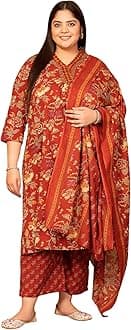 MEERA FAB Women's Cotton Blend V-Neck Plus Size Kurta Printed Kurta with Palazzo & Dupatta Set