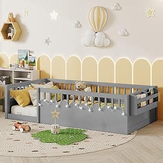 Twin Size Montesori Floor Bed for Kids, Floor Bed with High Fence Rails, Wood Playhouse Beds with No Slats for Baby Boys Girls Teens, Gray