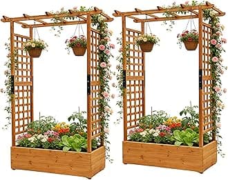 Raised Garden Bed with Wood Trellis Set of 2 Outdoor Planter Box for Tomatoes Climbing Vegetables Herbs Flowers Patio Pots Tall Hanging Roof 2 Drainage Holes Orange, 42.5" L x 17.3" W x 66.1" H