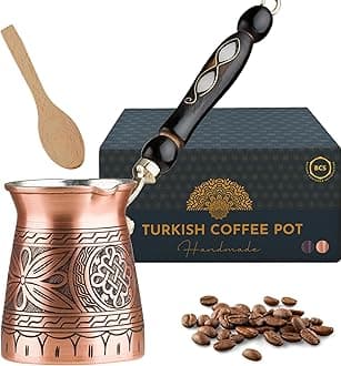 BCS 12oz Copper Turkish Greek Arabic Coffee Pot with Wooden Handle (4 Servings) Sezb Ibric Tin Stove Coffee Maker with Wood Spoon