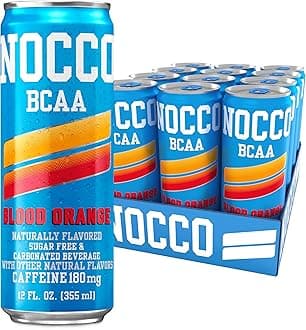 NOCCO Zero Sugar Energy Drink, Blood Orange - 12 Fl Oz (Pack of 12) - 180mg Caffeine, Sugar Free, BCAAs - Branched Chain Amino Acids, Carbonated & Low Cal, B Vitamins, Grab & Go Performance Beverage
