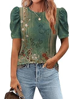 Zeagoo Blouse for Women Dressy Casual Puff Short Sleeve Boho Tops Fashion Floral Crew Neck Tunic Shirts Summer Clothes