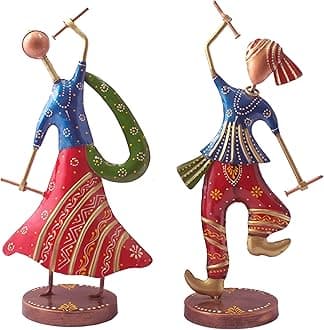 Home Decor Gujarati Dancing Couple Set of 2 Colourful Dandia Dancers Iron Figurine Statue for Home, Living Room, Gifts (14 inch)