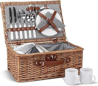Picnic Basket for 2, Willow Hamper Set with Insulated Compartment, Handmade Large Wicker Picnic Basket Set with Utensils Cutlery - Perfect for Picnic, Camping, or Any Other Outdoor