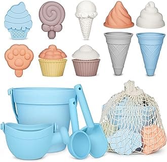 MarcZero 17Pcs Silicone Beach Toys,Modern Baby Beach Toys,Travel Friendly Beach Set,Silicone Bucket, Watering Can, Shovel, 12 Sand Molds, Beach Bag,Silicone Sand Toys for Toddlers, Kids (Light Blue)