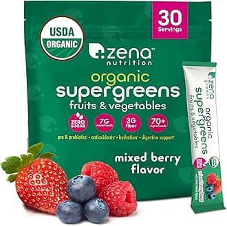 Zena Nutrition Organic Super Greens Powder, 70+ Superfoods, 0 Sugar, 3g Fiber, Spirulina, Chlorella, Mushrooms, Prebiotics/Probiotics, Digestive Enzymes, Gut Health, Mixed Berry, 30 Drink Mix Packets