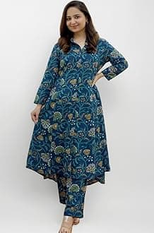 Women's Anarkali Rayon Floral Printed Kurta Pant Set | High-Low Hem & 3/4 Sleeves | Ethnic Co-ord for Festive & Casual Wear | Co ord Set For Women Stylish | 2 Piece Dress For Holiday Look & Puja