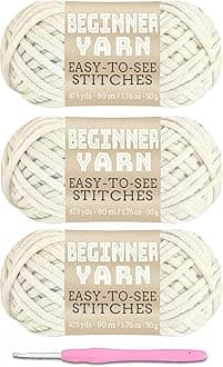 - 3x50g Beginners Ivory White Yarn, 260 Yards for Crocheting Knitting, Easy-to-See Stitches, Worsted Medium #4, Chunky Thick Cotton Nylon Blend for Crocheting