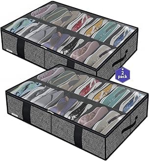 Onlyeasy 2 Pack Large Under Bed Shoe Storage Organizers with Handles & Clear window (14 +14 Pairs), Sturdy Underbed Box Organizer Shoe Storage Bags for Kids & Adults, Linen-like Black, MXAUBS14S14