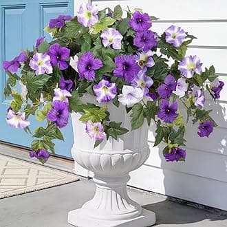 Ammyoo Artificial Fake Flowers Plants for Outdoor Decoration, 2PCS Faux Petunias Silk Flower UV Resistant No Fade for Home Outside Garden Balcony Yard Porch Realistic Indoor Decor (Purple White)