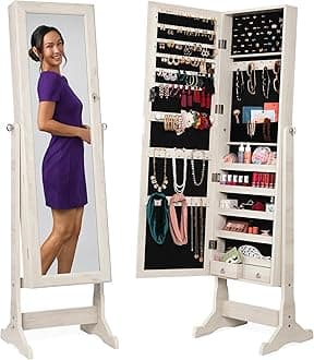 Best Choice ProductsBest Choice Products Freestanding Jewelry Armoire Cabinet, Full Length Standing Mirror, Lockable Makeup Storage Organizer, w/Velvet Interior, 3 Tilt Angles, Accessory Pouch, 5 Shelves - Coastal White