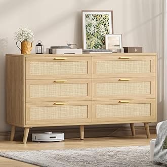Rattan 6 Drawer Double Dresser for Bedroom, 47.2" Wide Boho Chest of Drawers, Modern Wooden Dresser Chest with Golden Handles, Beside Table for Closet, Living Room and Entryway, Natural Oak