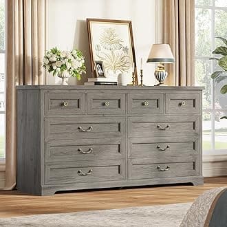 Hasuit Farmhouse 10 Drawer Dresser for Bedroom, 55.1" Wide Dressers Chest of Drawers, Rustic Wood Storage Cabinet with Deep Drawers and Vintage Handle, Large Gray Dresser for Bedroom, Closet, Hallway