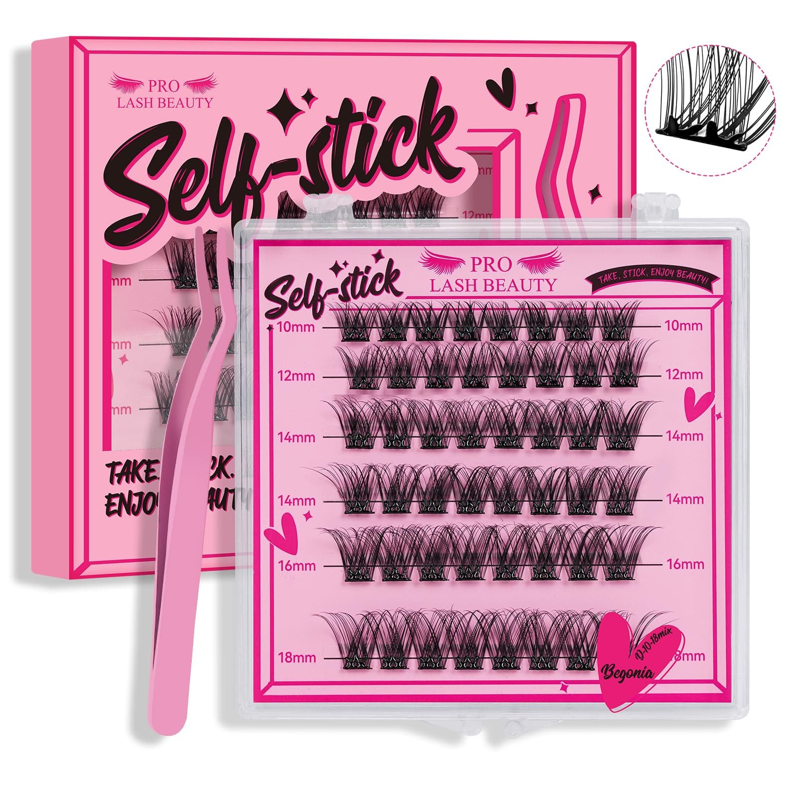 Self Adhesive Eyelashes 48Pcs Lash Clusters Press On Lashes Self Stick Cluster Lashes Pre Glued Eyelash Clusters No Glue No Remover Needed Easy to Apply Save Time (Begonia,D-10-18mix)